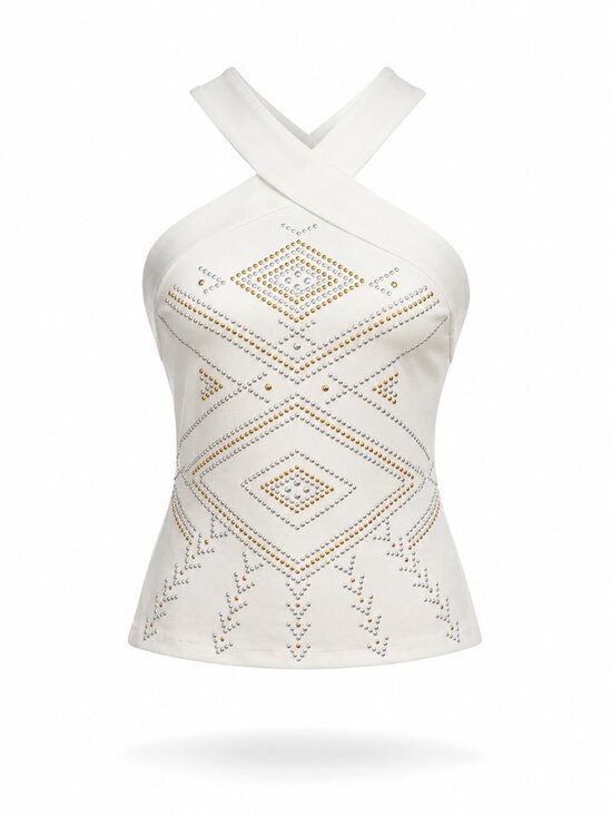 Bisou Bisou Tops - Bisou Bisou White Studded Halter Tank Top Y2K Glam Rhinestone Size Small